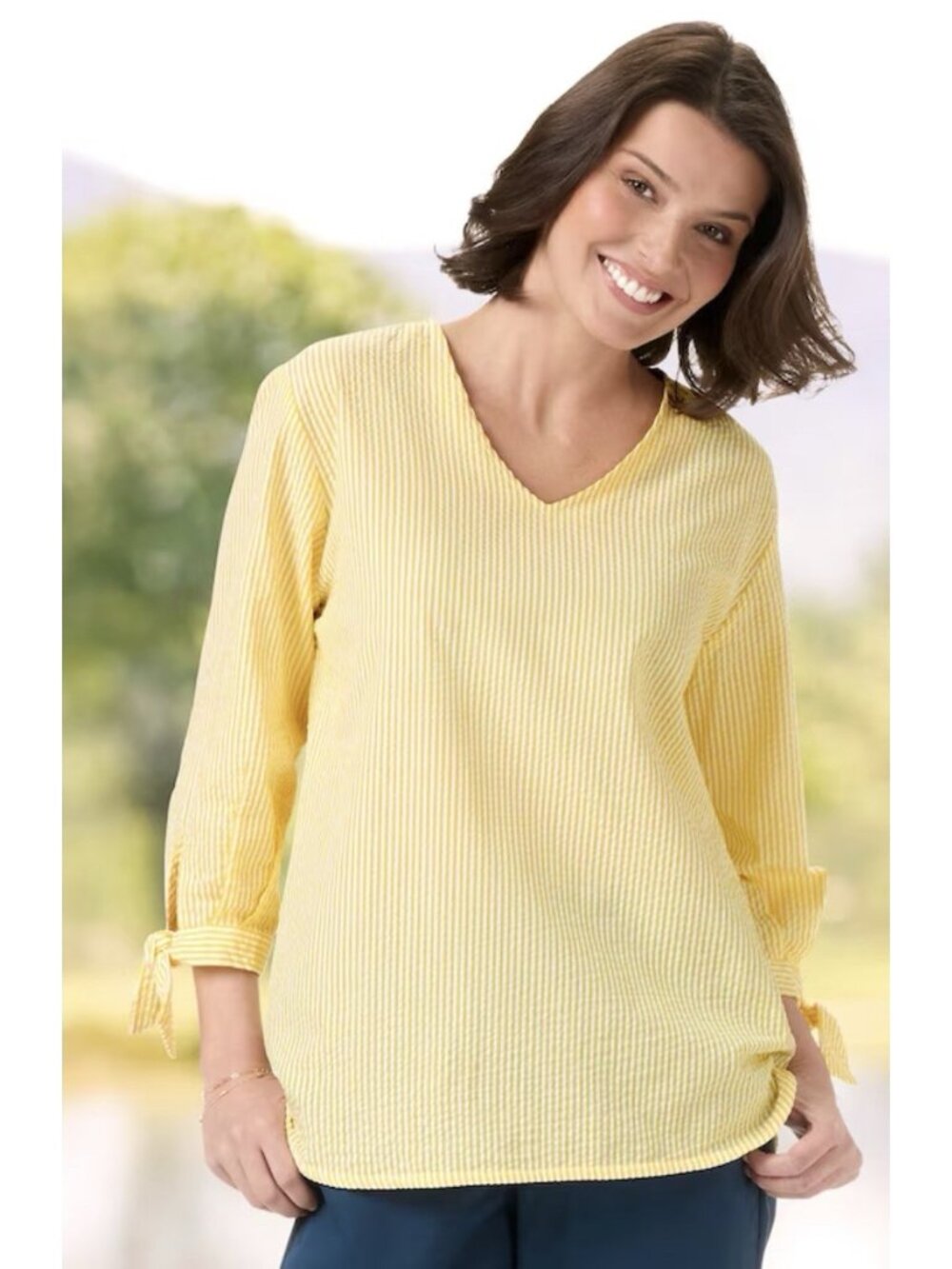 Vermont Country Store‎ Seersucker Tunic With Tie Cuffs Yellow White Shirt Medium